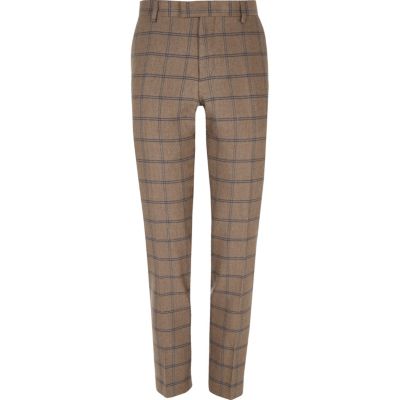 Ecru checked skinny suit trousers